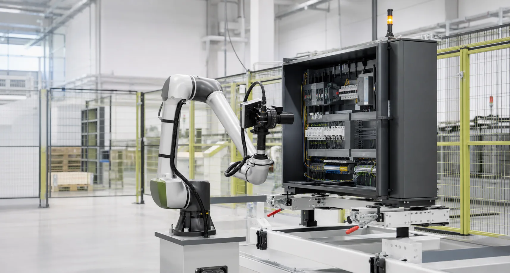 Brazo robótico y sistema de visión trabajando sobre un producto en una celda industrial luminosa